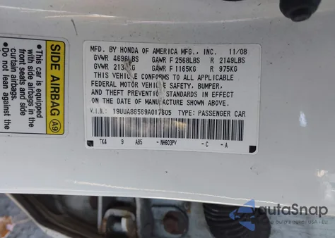 2009 Acura Tl 3.5 из США, поврежденный, VIN 19UUA86569A017605